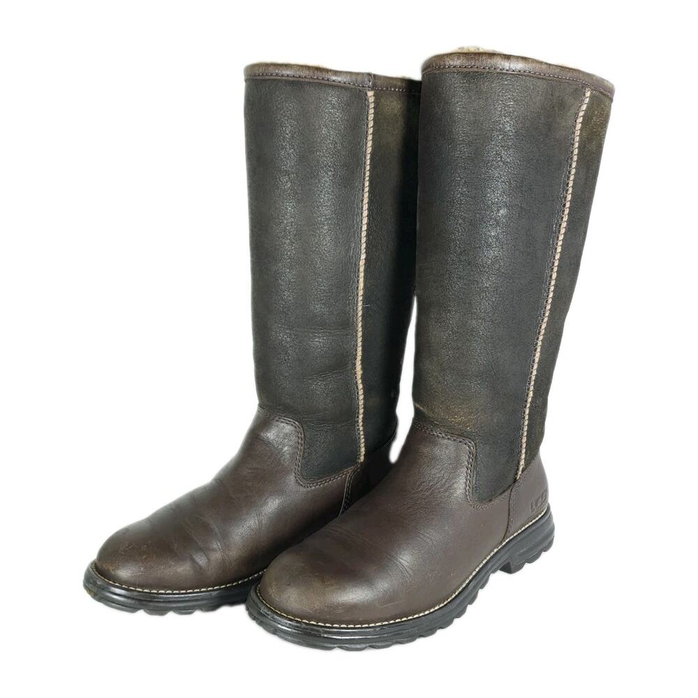 UGG Womens Brooks US7 Tall Brown Leather Shearling Sherpa PullOn Boots